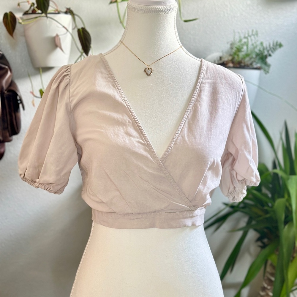 Cream Puff Sleeve Wrap Crop Top Linen Blend Size Small